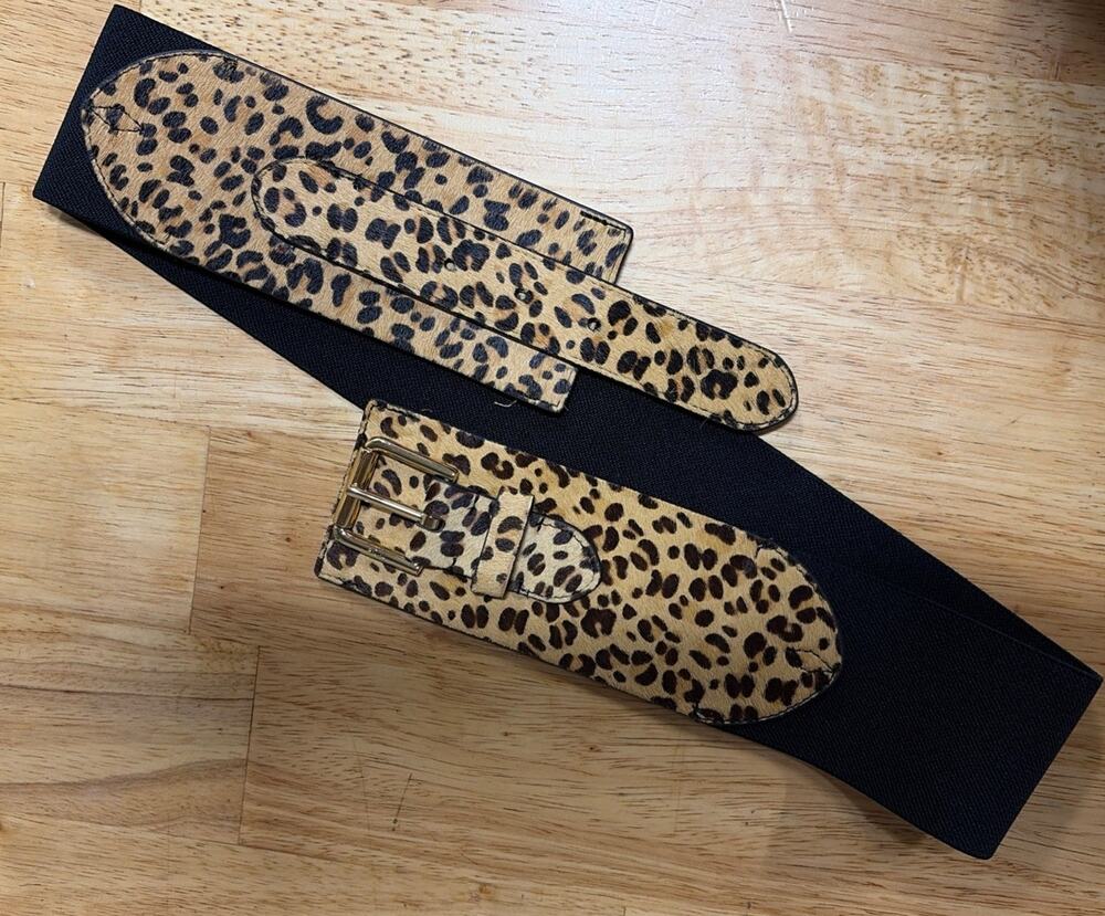 NEW Lauren Ralph Lauren LRL Women’s Sz M Leather Belt-Animal Print/Black Stretch